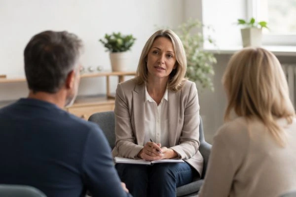 Couple discussing financial arrangement , pensions in divorce Hereford